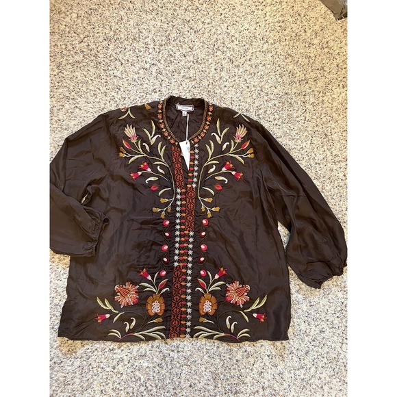 Johnny Was Tops - NWT‎ Johnny Was %100 Silk XL Brown Embroidered Elastic Sleeves Tunic Blouse $305